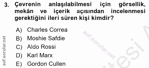 3. soru: Çevrenin anlaşılabilmesi için görsellik, mekân ve içerik açısından incelenmesi gerektiğini ileri süren kişi kimdir? A…