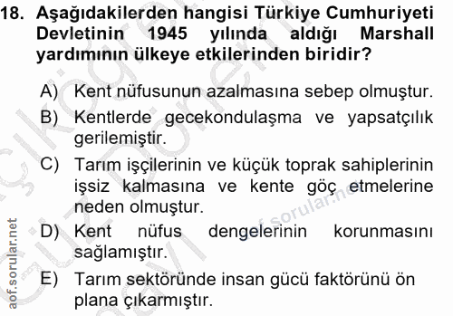 18. soru: Aşağıdakilerden hangisi Türkiye Cumhuriyeti Devletinin 1945 yılında aldığı Marshall yardımının ülkeye etkilerinden bi…