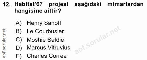 12. soru: Habitat'67 projesi aşağıdaki mimarlardan hangisine aittir? A) Henry Sanoff B) Le Courbusier .sorular.ne C) Moshie Saf…