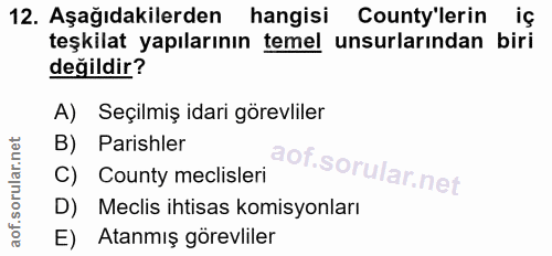 12. soru: Aşağıdakilerden hangisi County'lerin iç teşkilat yapılarının temel unsurlarından biri değildir? A) Seçilmiş idari gör…