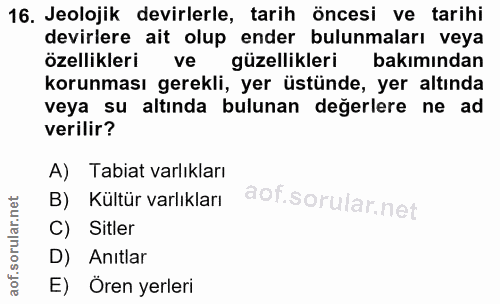 16. soru: Jeolojik devirlerle, tarih öncesi ve tarihi devirlere ait olup ender bulunmaları veya özellikleri ve güzellikleri bak…
