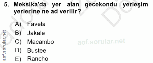 5. soru: Meksika'da yer alan gecekondu yerleşim yerlerine ne ad verilir? A) Favela Jakale C) Macambo D) Bustee E) Rancho