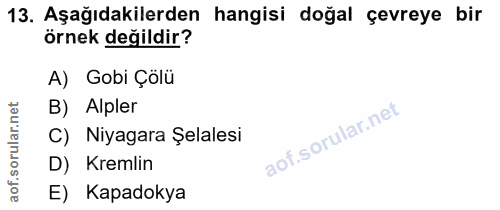 13. soru: Aşağıdakilerden hangisi doğal çevreye bir örnek değildir? A) Gobi Çölü orular.net B) Alpler C) Niyagara Şelalesi D) K…