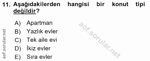 11. soru: Aşağıdakilerden hangisi bir konut tipi değildir? A) Apartman B) Yazlık evler C) Tek aile evi D) İkiz evler E) Sıra evler