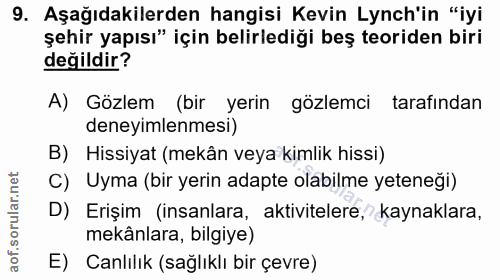 9. soru: Aşağıdakilerden hangisi Kevin Lynch'in "iyi şehir yapısı" için belirlediği beş teoriden biri değildir? A) Gözlem (bir…