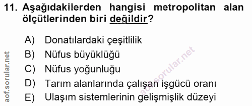 11. soru: Aşağıdakilerden hangisi metropolitan alan ölçütlerinden biri değildir? A) Donatılardaki çeşitlilik B) Nüfus büyüklüğü…
