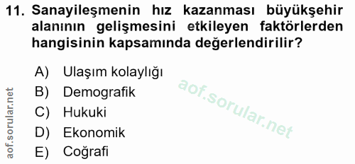 11. soru: Sanayileşmenin hız kazanması büyükşehir alanının gelişmesini etkileyen faktörlerden hangisinin kapsamında değerlendir…