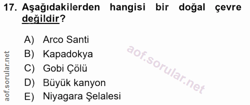 17. soru: Aşağıdakilerden hangisi bir doğal çevre değildir? A) Arco Santi B) Kapadokya C) Gobi Çölü D) Büyük kanyon E) Niyagara…