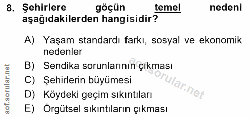 8. soru: Şehirlere göçün temel nedeni aşağıdakilerden hangisidir? A) Yaşam standardı farkı, sosyal ve ekonomik nedenler B) Sen…